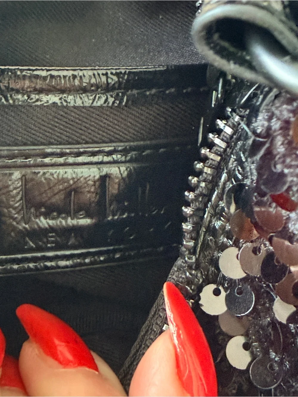 Nicole Miller NWT sequin &
Patent leather evening bag. 
Adjustable strap - Picture 10 of 13